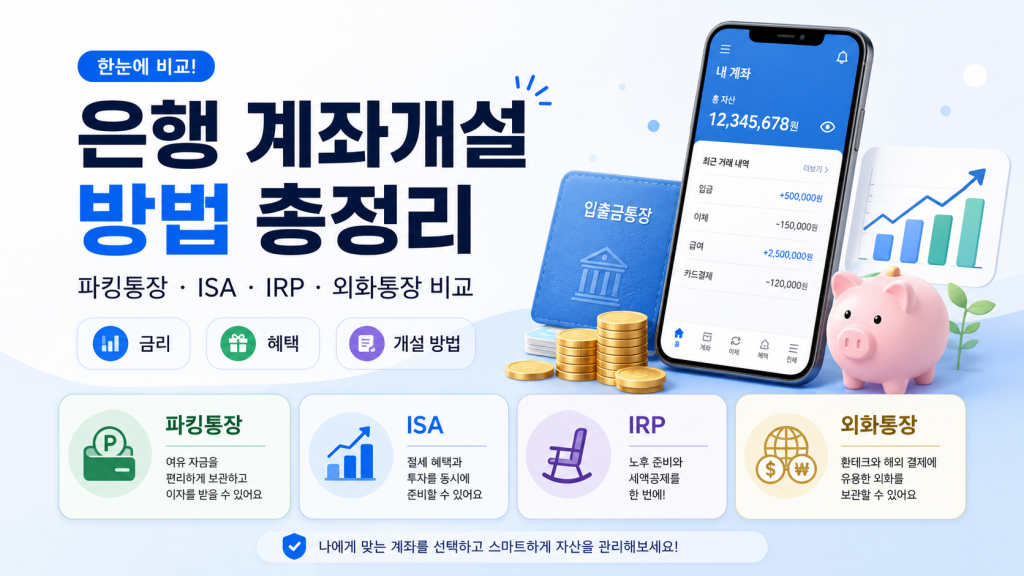 은행 계좌개설 방법 총정리｜파킹통장 ISA IRP 외화통장 금리 혜택 비교 대표 이미지