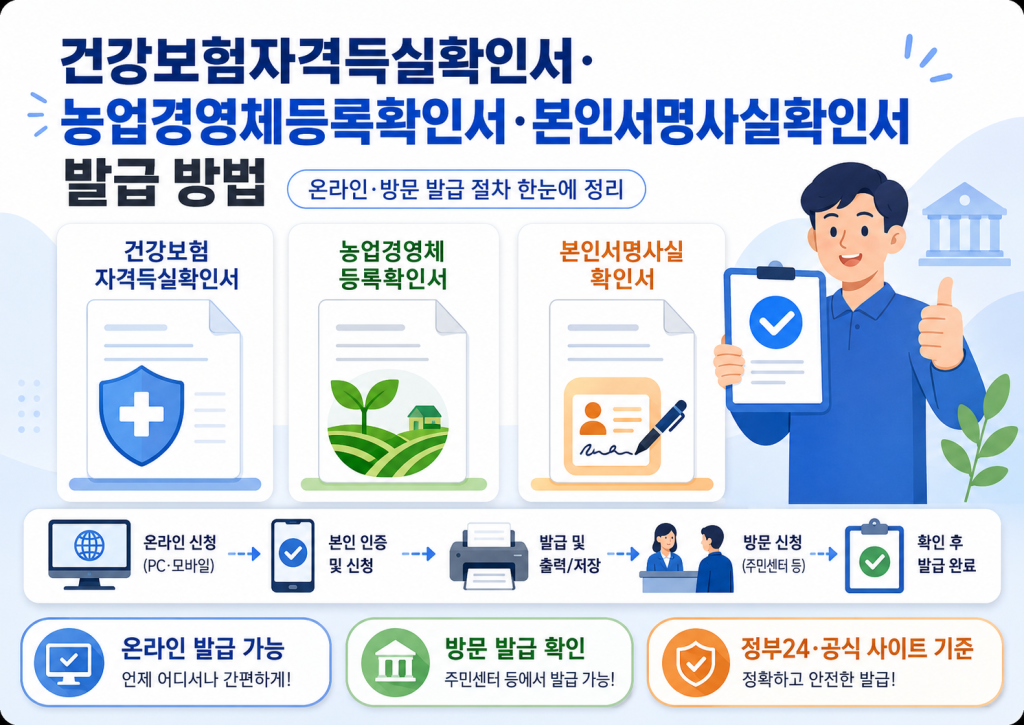 건강보험자격득실확인서·농업경영체등록확인서·본인서명사실확인서 발급 방법 대표 이미지