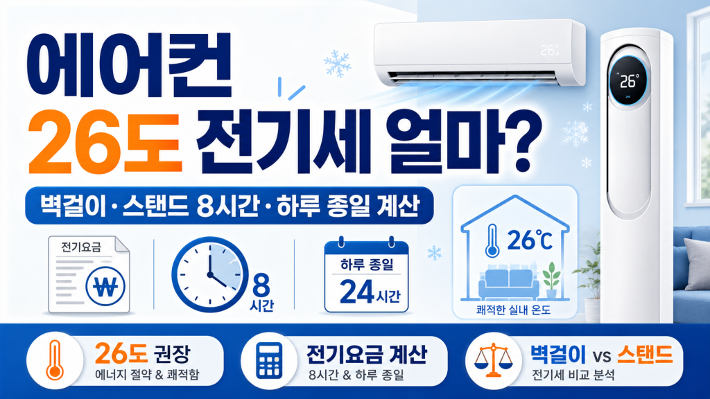 에어컨 적정온도 26도 하루 종일 틀면 전기세 얼마｜벽걸이·스탠드 8시간 실제 계산 대표 이미지