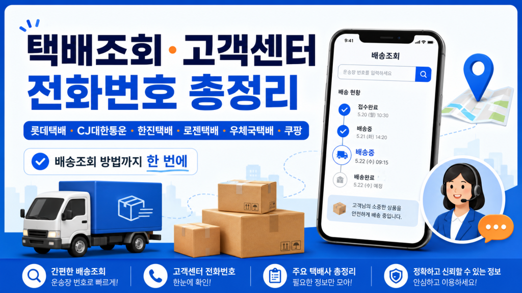 택배조회·고객센터 전화번호 총정리｜롯데택배·CJ대한통운·한진택배·로젠택배·우체국택배·쿠팡 배송조회 방법까지 대표 이미지