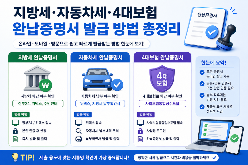 지방세·자동차세·4대보험 완납증명서 발급 방법 총정리 대표 이미지